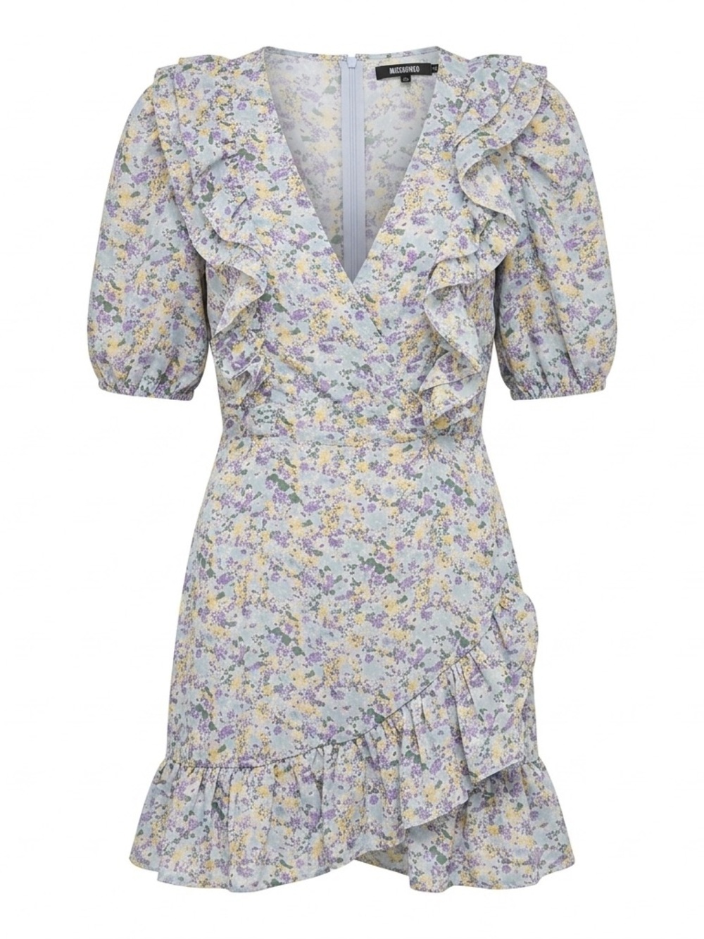 Missguided Pastel Floral Ruffle Wrap-Style Mini Dress in Light Blue and Yellow